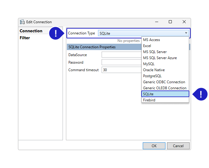 Connection Type drop-down list options Connection Type drop-down list options