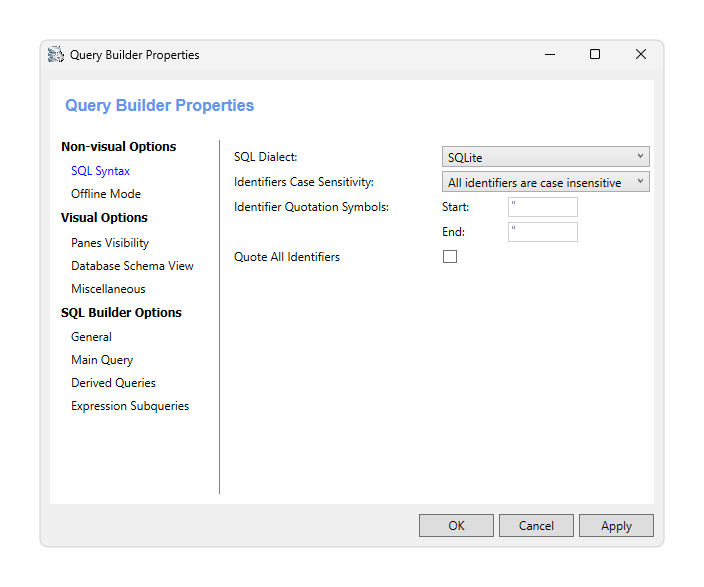 Query Builder Properties options Query Builder Properties options